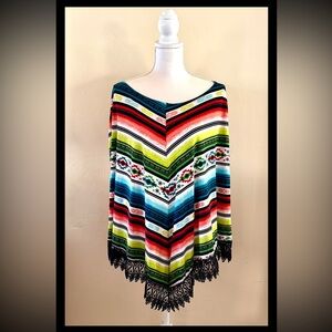 L&B Lucky and Blessed Western Poncho Multicolor Boho Lace Fringe One Size EUC